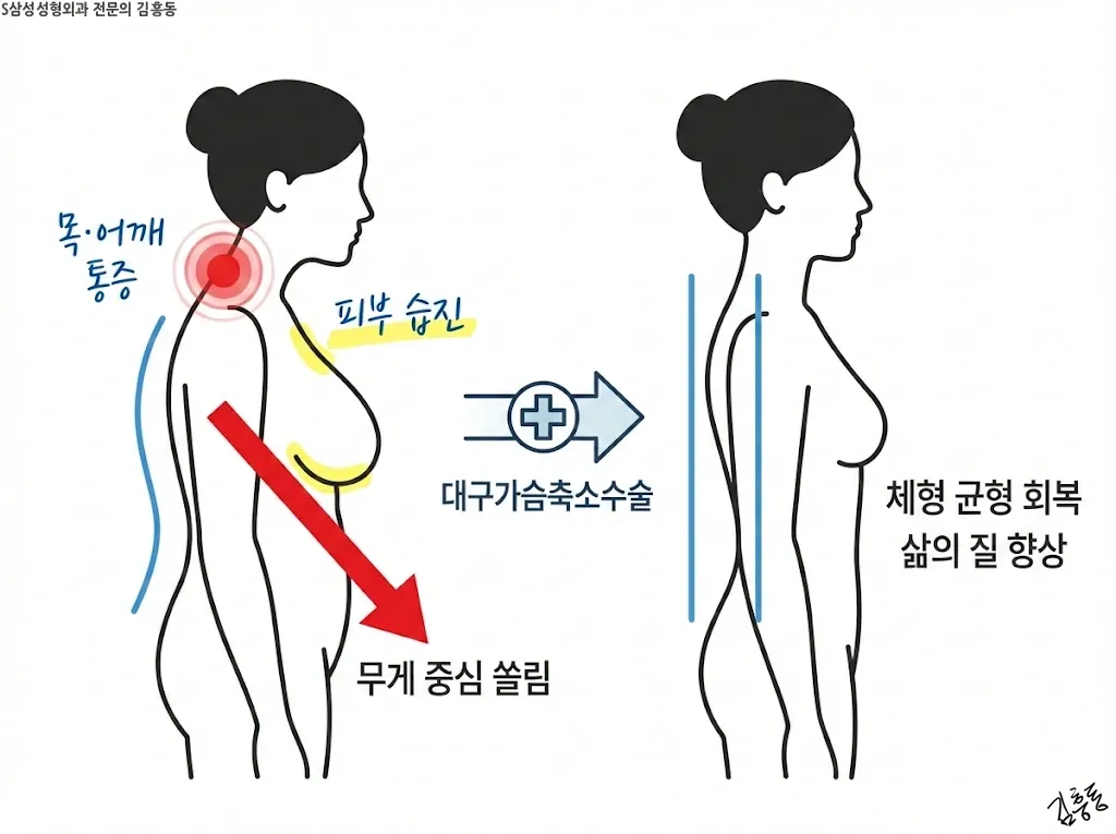 거대 유방증으로 인한 신체적 통증 부위와 자세 변화