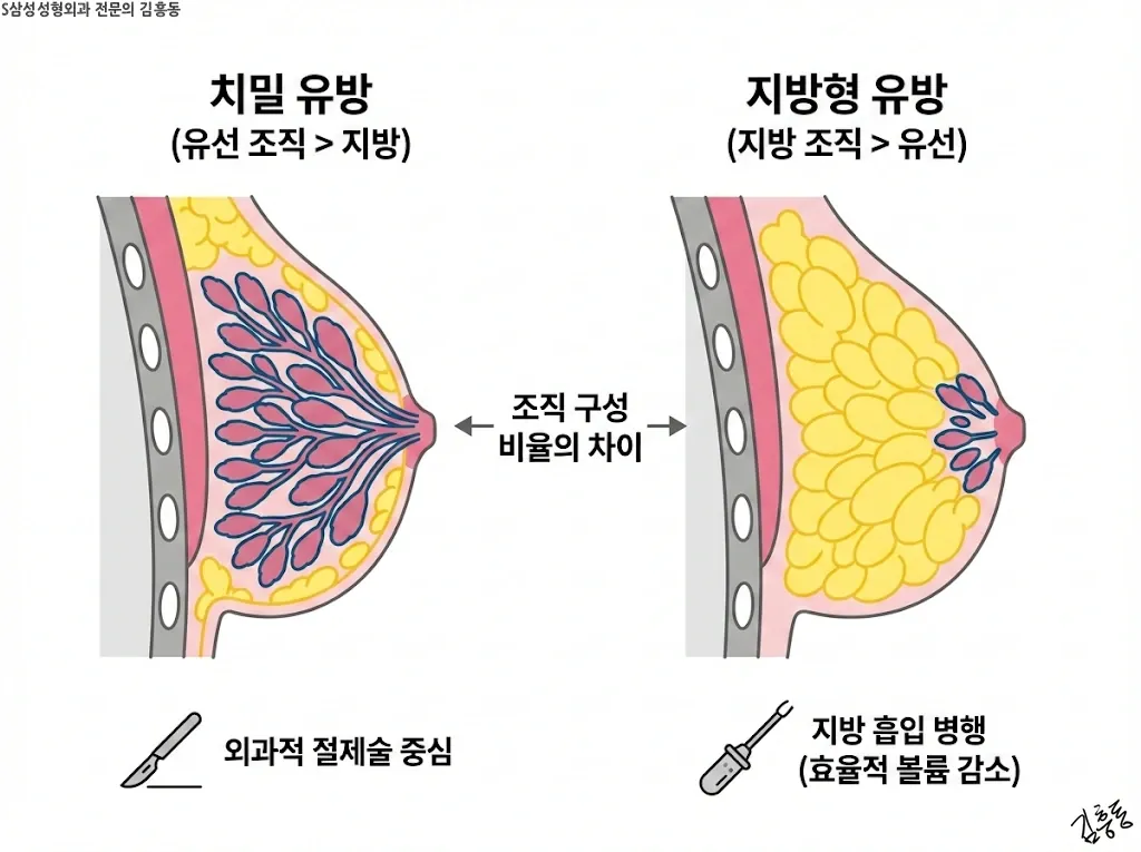 가슴 내부 유선 조직과 지방 조직의 분포 모식도