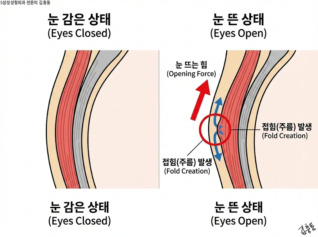 쌍꺼풀 주름이 생기는 접힘 구조