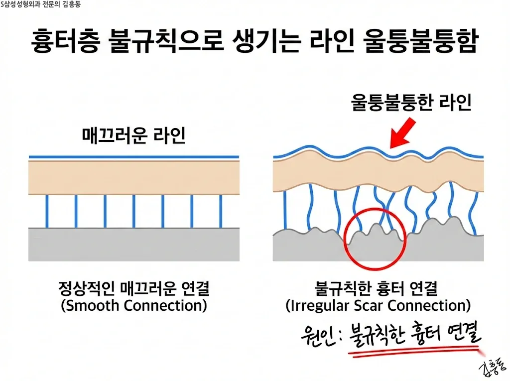 흉터층 불규칙으로 생기는 라인 울퉁불퉁함