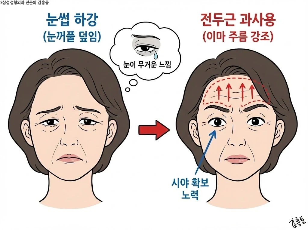 눈썹 하강과 전두근 보상으로 주름이 강조되는 흐름