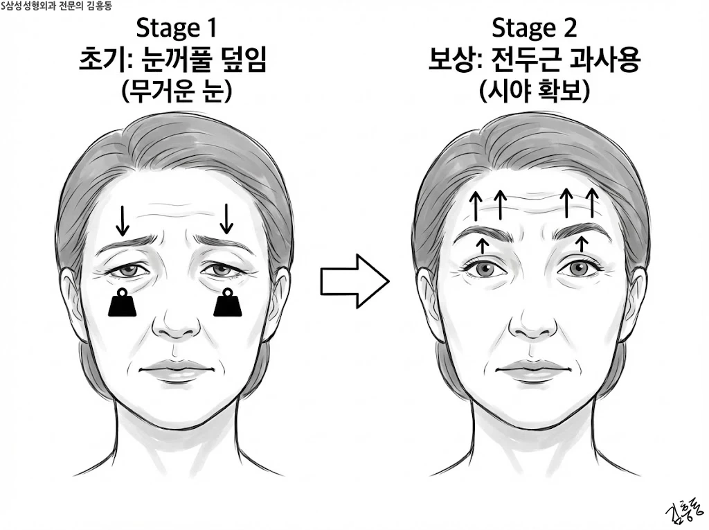눈이 무거워져 전두근 보상이 생기는 과정