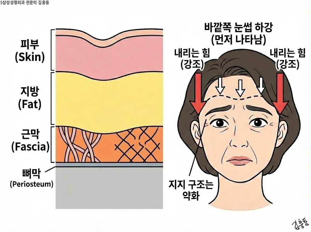 바깥쪽 눈썹 하강이 먼저 나타나는 양상