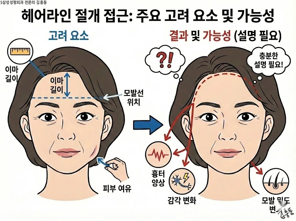 헤어라인 접근에서 설명되는 주요 고려 요소