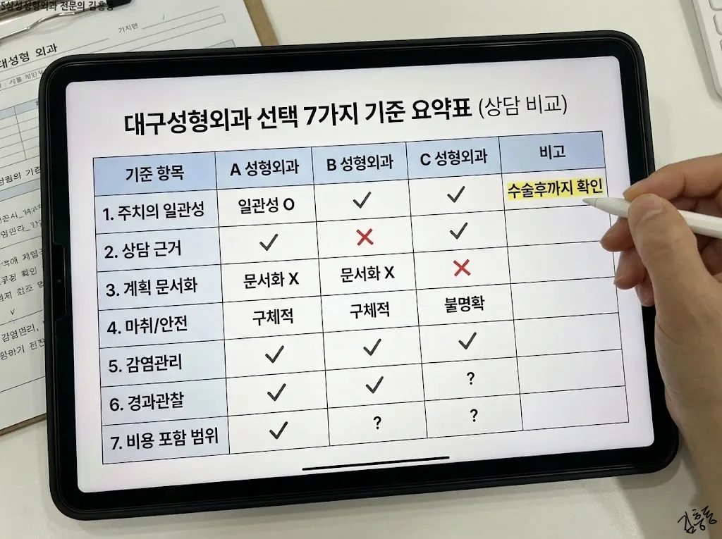 7가지 기준을 한 장으로 정리한 표