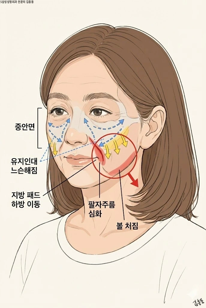 중안면과 팔자 부위·볼 처짐이 함께 보이는 얼굴 특징