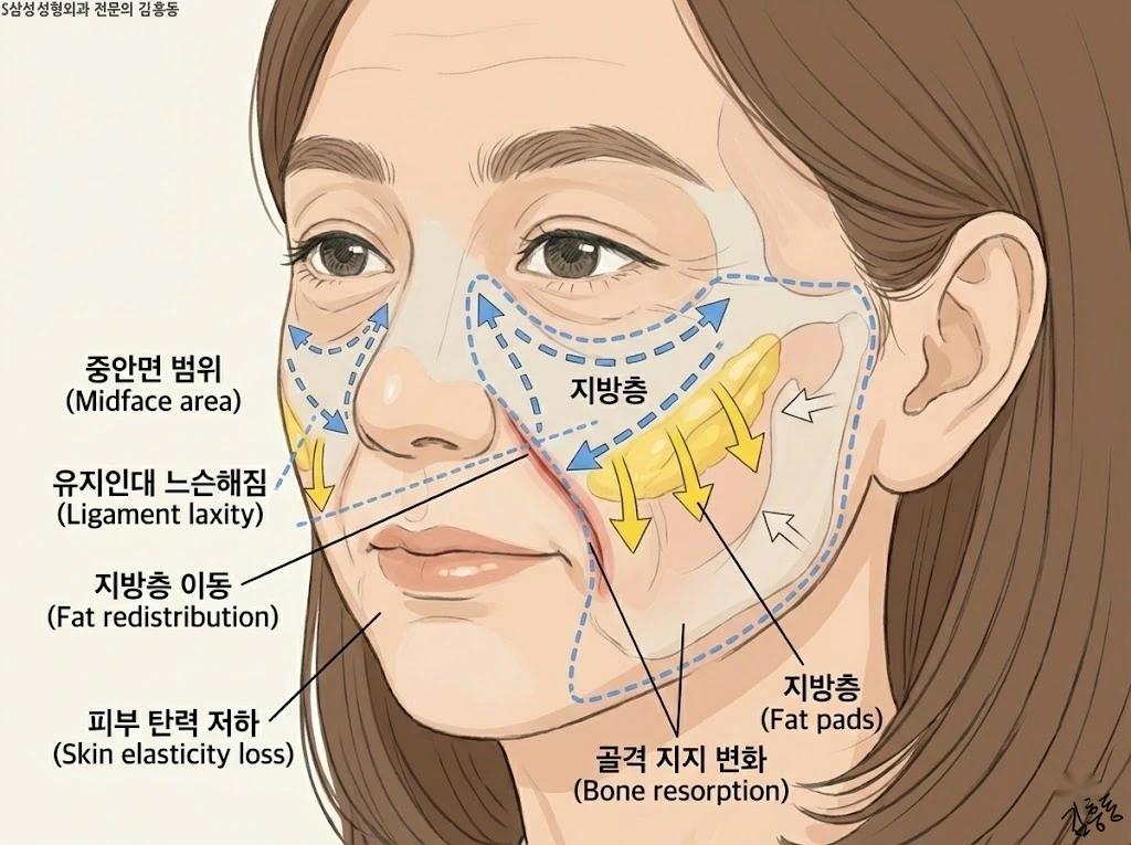 중안면 범위와 노화로 인한 볼륨 이동 개념