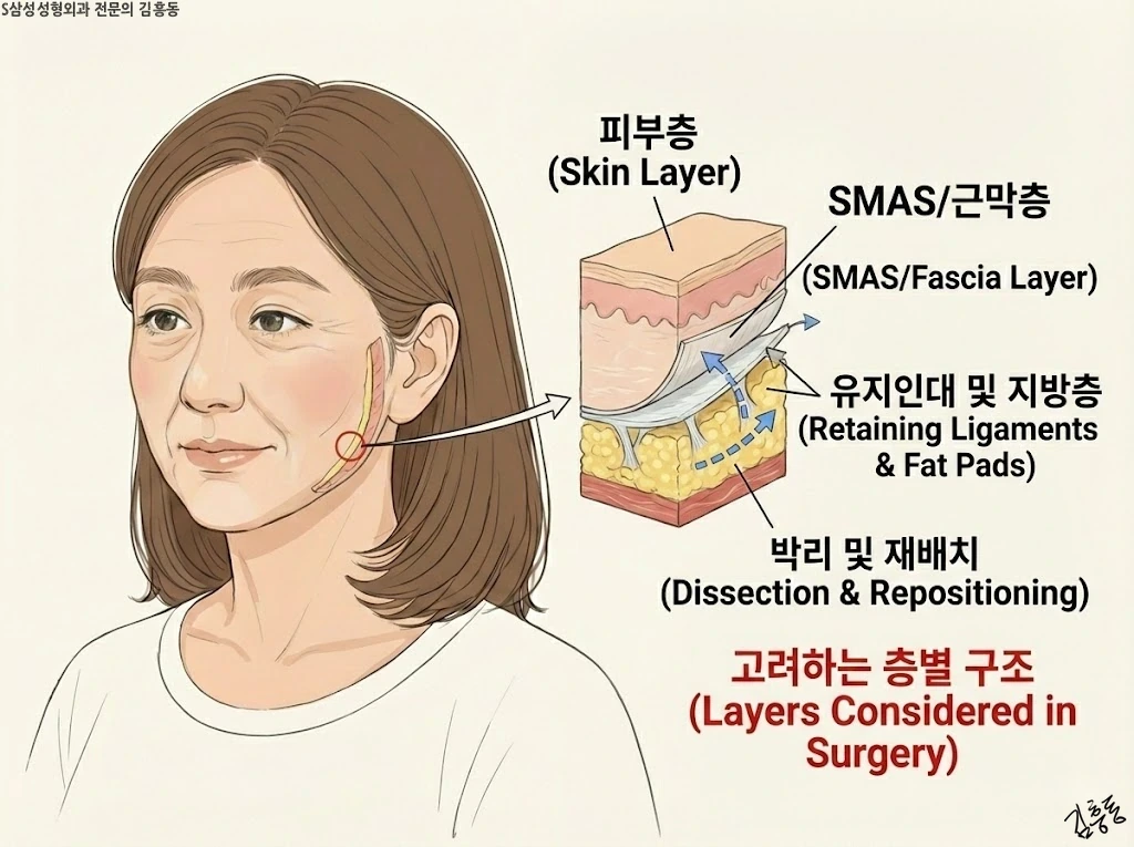 중안면 수술에서 고려하는 층별 구조