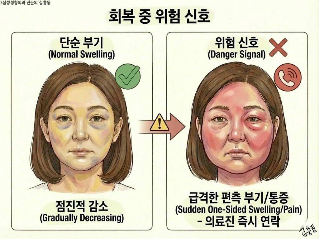 회복 중 위험 신호(급격한 편측 부기) 안내