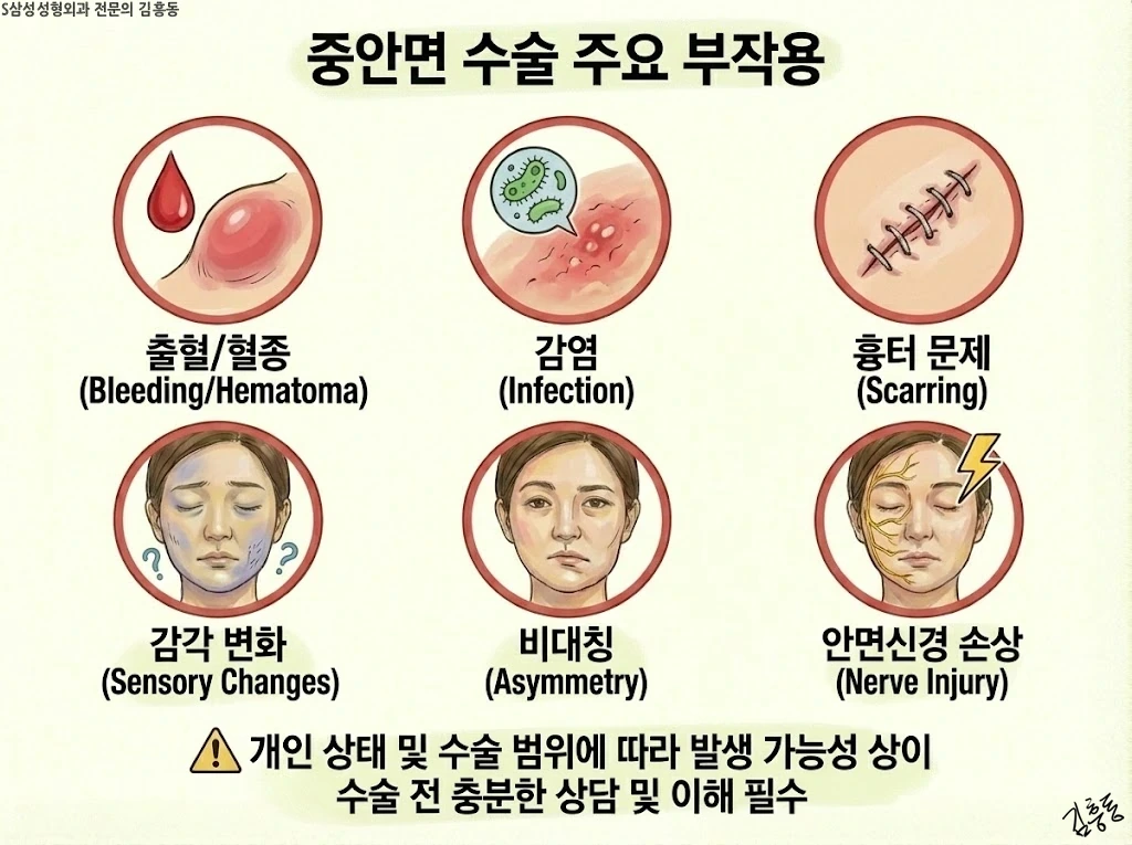 중안면 수술에서 설명되는 주요 부작용 항목
