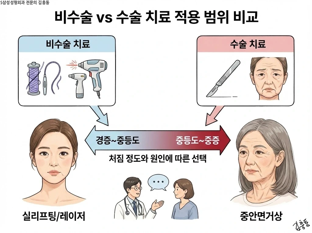 비수술 치료와 수술 치료의 적용 범위 비교