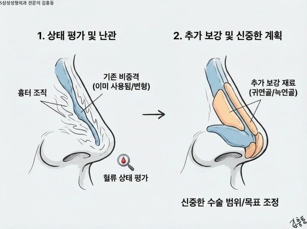 재수술 시 기존 비중격의 상태와 흉터 조직을 평가하고, 귀연골이나 늑연골을 추가로 사용하여 코끝 지지 구조를 신중하게 보강하는 과정을 보여주는 단계별 인포그래픽