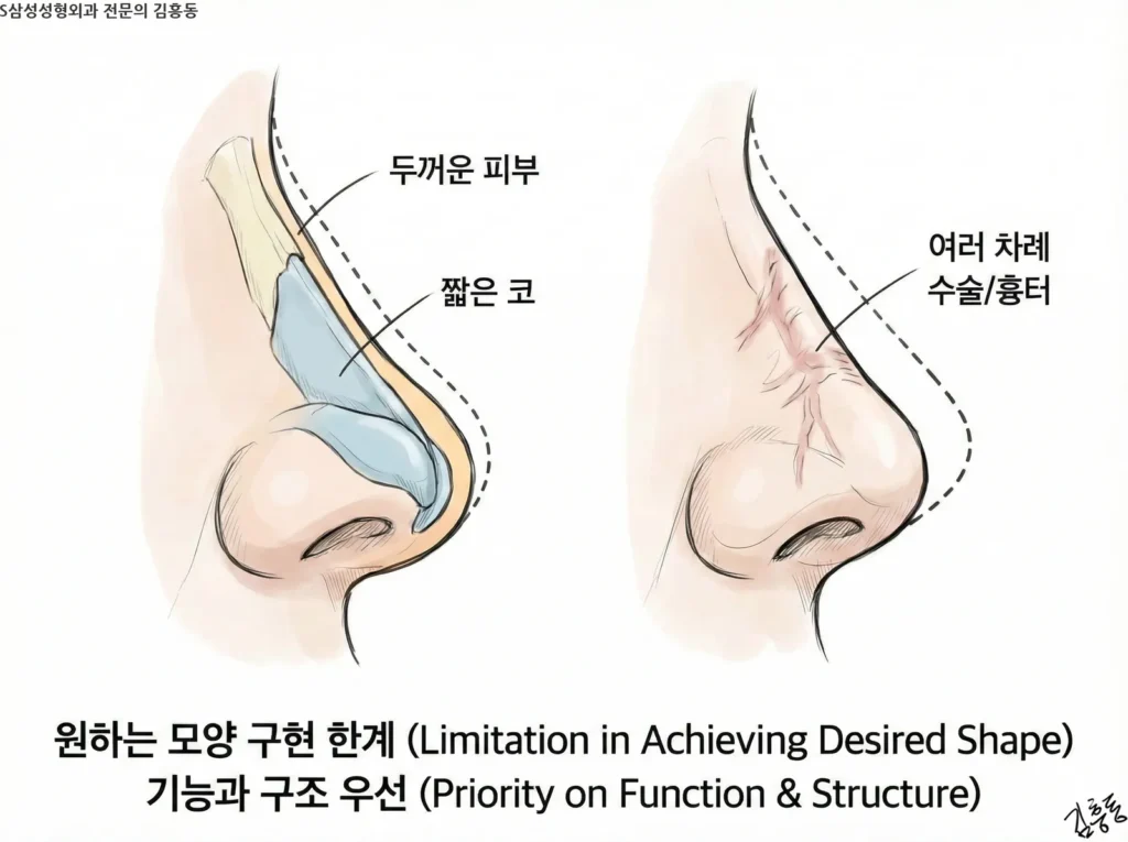 코의 해부학적 한계를 보여주는 일러스트. 피부가 두껍거나 코가 짧아 연골을 늘리는 데 제한이 있는 상황을 점선(목표)과 실선(실제 가능 범위)으로 비교하여 표현