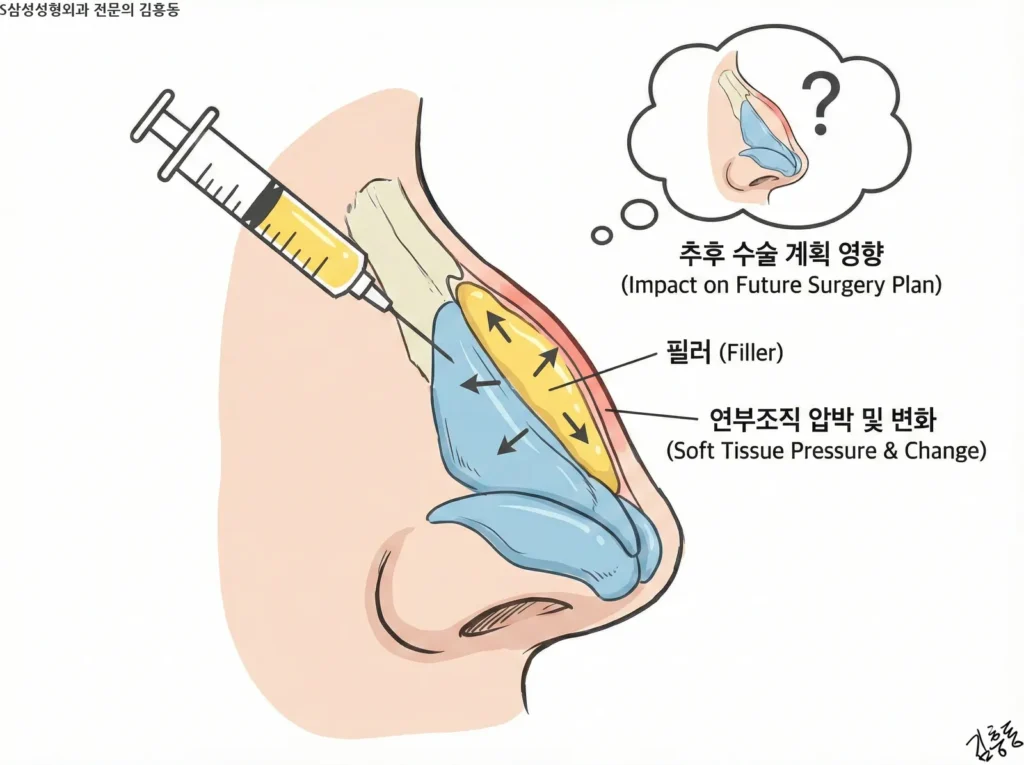 콧대에 주입된 필러가 주변 연부조직을 압박하고 공간을 차지하여 추후 코성형 수술 계획에 영향을 줄 수 있음을 보여주는 의학 도식
