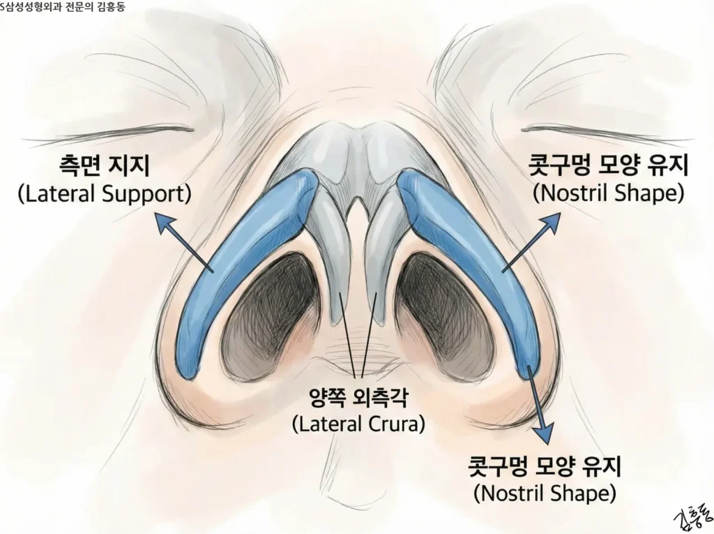 코 밑에서 본 시각으로 날개연골의 외측각을 강조한 일러스트. 이 '양쪽 다리'가 코끝의 측면을 지지하고 콧구멍 모양을 유지하는 역할을 함을 보여줌