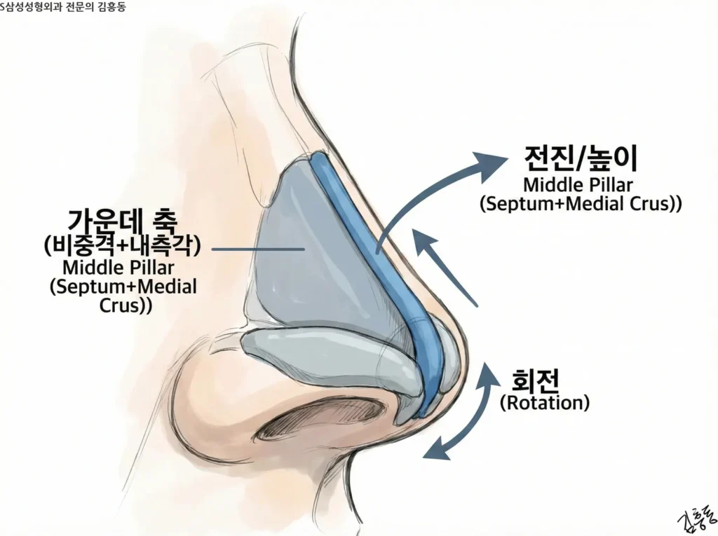 코끝 지지의 '가운데 다리' 역할을 하는 비중격과 내측각의 결합 구조를 보여주는 도식. 이 중심 기둥이 코끝의 전진(높이)과 회전을 담당함을 화살표로 표현함