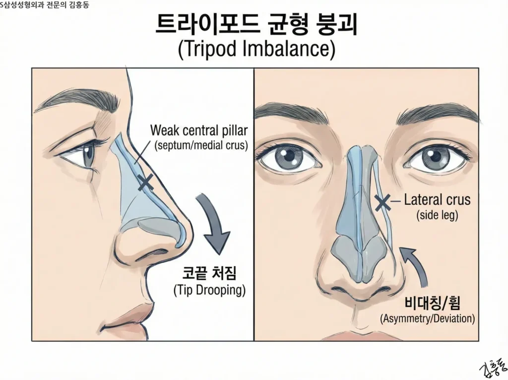 코끝 트라이포드 지지 구조의 균형이 무너졌을 때 나타나는 현상을 보여주는 비교 도식. 중앙 기둥이 약하면 코끝이 처지고, 한쪽 측면 기둥이 약하면 코끝이 비대칭으로 휘어지는 모습을 표현
