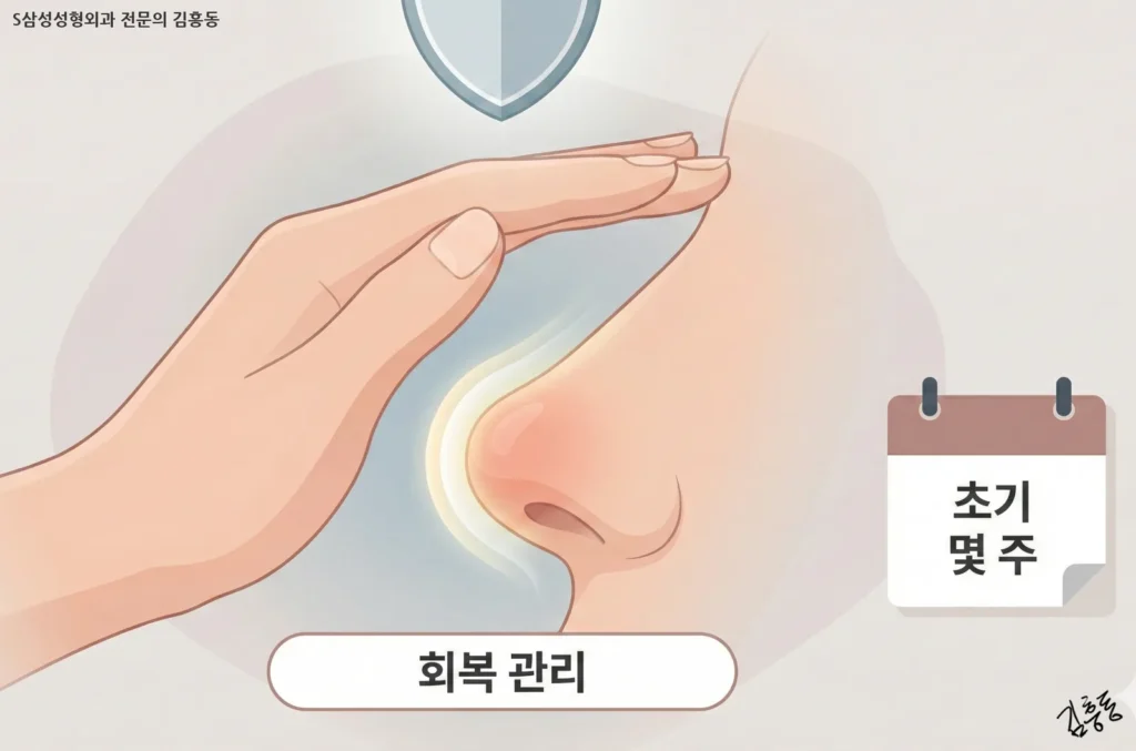 수술 후 연골이 자리 잡는 시기에 외부 충격으로부터 코를 보호해야 함을 상징하는 '보호(Protection)' 컨셉 일러스트