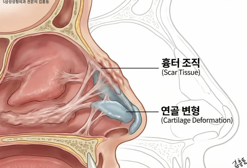 이전 수술로 인해 코 내부에 형성된 흉터 조직과 연골 구조의 변형 상태를 보여주는 의학 도식. 재수술 계획 시 고려해야 할 내부 유착을 설명함