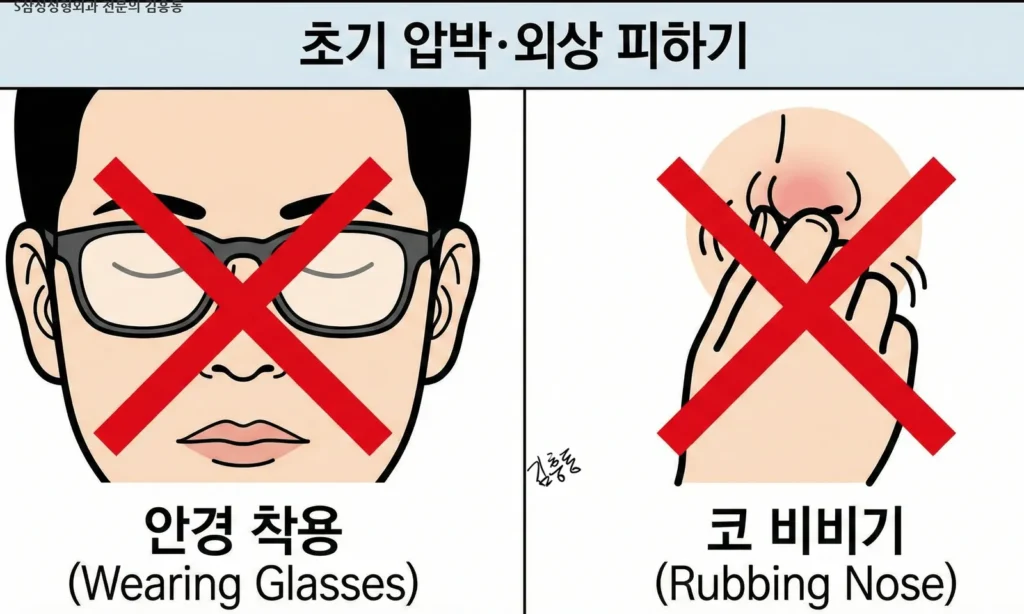 코성형 회복 기간 중 피해야 할 행동인 '안경 착용'과 '코 비비기'에 금지 표시(X)가 된 주의사항 일러스트
