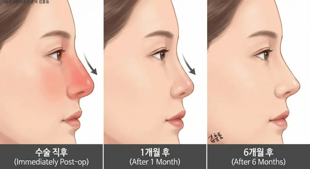 수술 직후의 붓기(Swelling)가 1개월, 6개월에 걸쳐 빠지면서 코끝 모양이 선명해지는 과정을 단계별로 보여주는 시각 자료