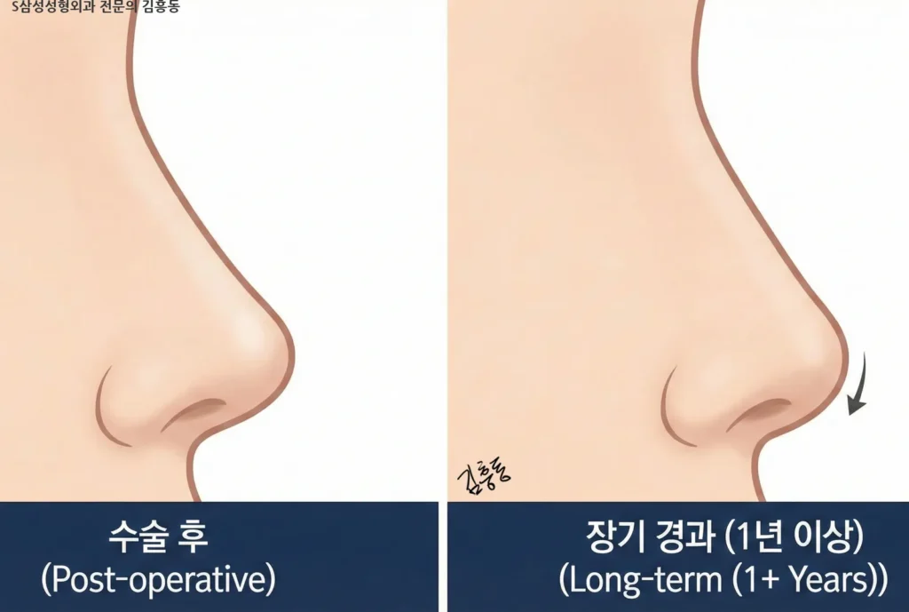 수술 직후와 1년 이상 경과 후 코끝 모양의 미세한 변화(약간의 내려옴)를 비교하여 보여주는 장기 경과 일러스트