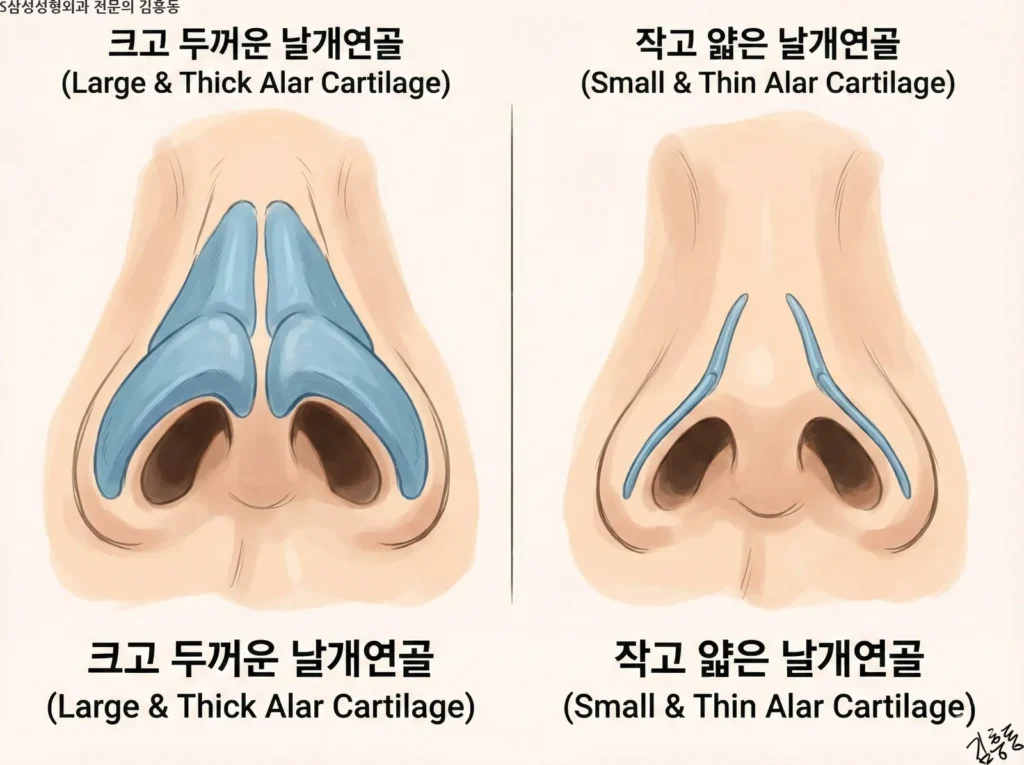 코 밑에서 본 시각으로 날개연골의 크기와 두께 차이를 비교한 일러스트. 크고 두꺼운 날개연골과 작고 얇은 날개연골의 특징을 보여주며 수술 계획에 영향을 미침을 설명
