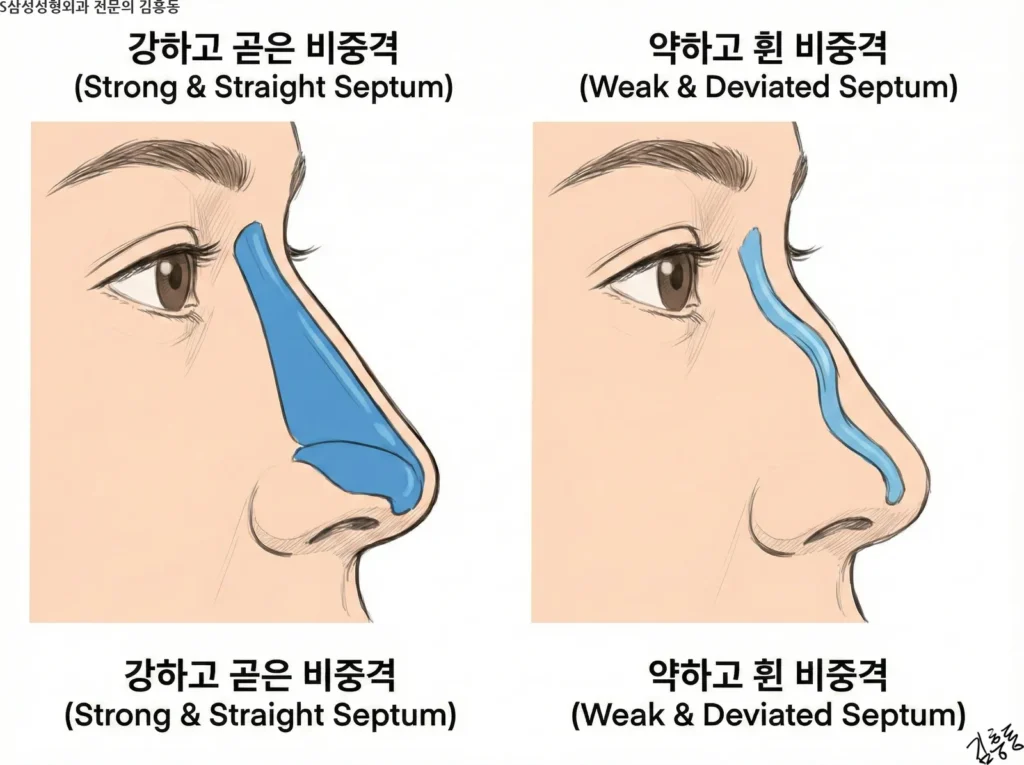 수술 전 비중격 연골의 상태를 비교한 인포그래픽. 왼쪽은 강하고 곧은 비중격을, 오른쪽은 약하고 휜 비중격을 보여주며 수술 계획의 중요한 기준임을 설명