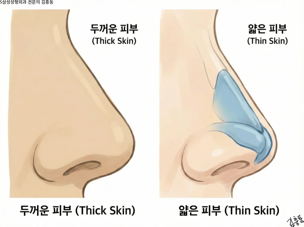 코 피부 두께에 따른 연골 윤곽의 표현 정도를 비교한 일러스트. 두꺼운 피부는 연골을 감추는 반면, 얇은 피부는 연골 윤곽이 비쳐 보임을 보여주며 수술 설계의 중요성을 설명
