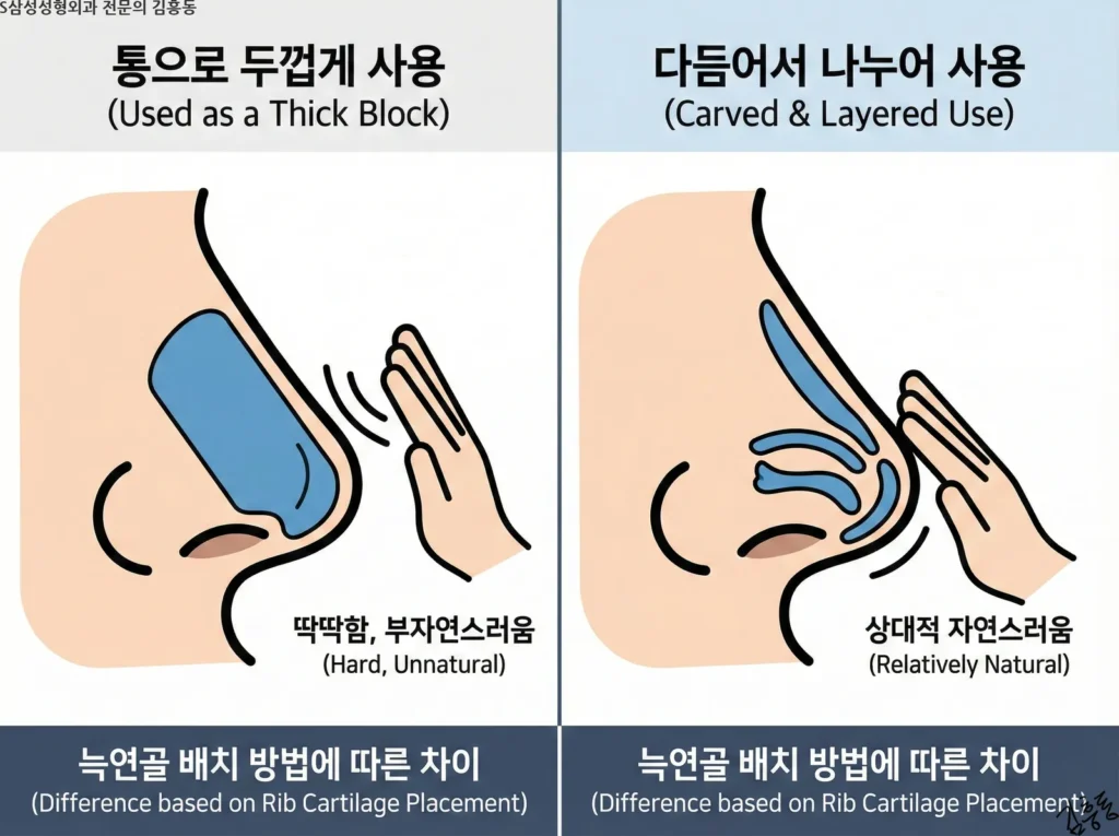 늑연골을 코끝에 사용할 때, 통으로 두껍게 사용했을 경우(딱딱함)와 다듬어서 나누어 배치했을 경우(상대적 자연스러움)의 촉감 차이를 비교한 인포그래픽