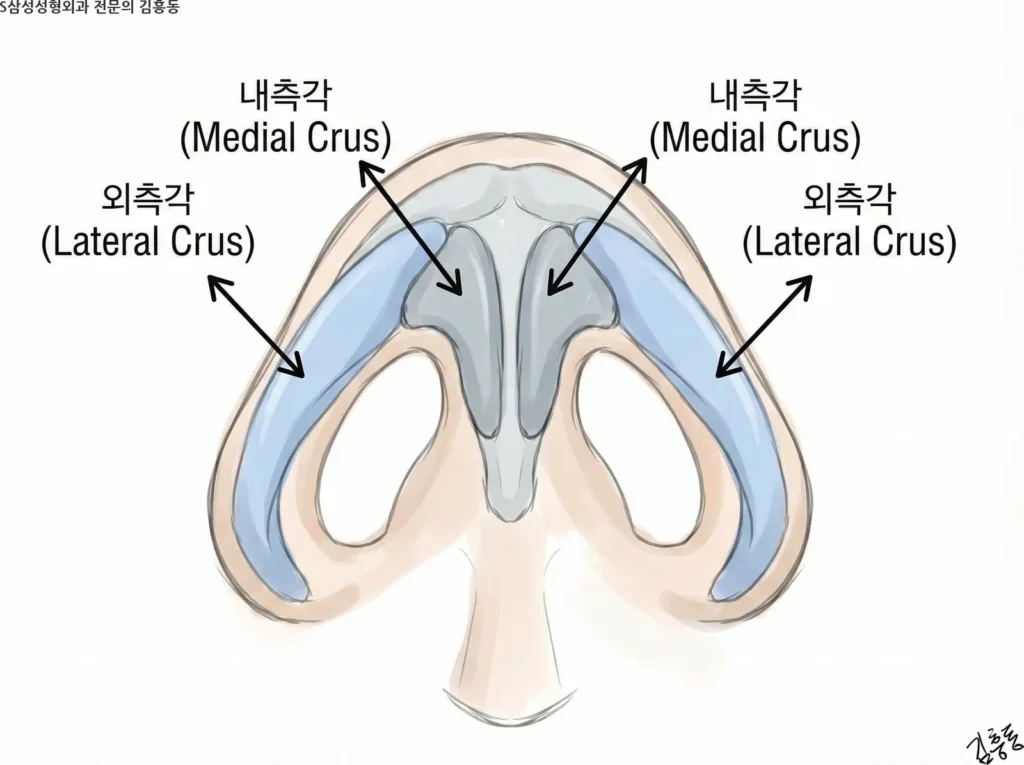 코 밑에서 올려다본 시각으로 날개연골의 내측각과 외측각을 구분하여 보여주는 해부학 일러스트