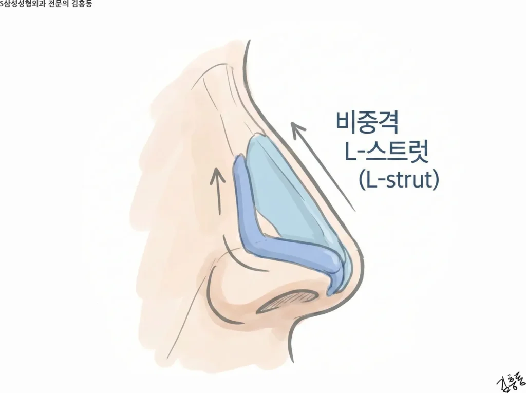코의 측면 해부도에서 코끝을 지지하는 L자 형태의 비중격 연골(L-스트럿)을 강조한 일러스트