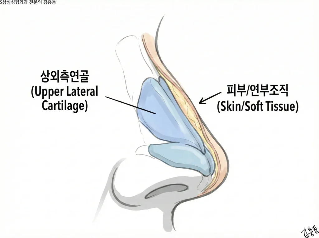코뼈와 코끝 사이의 상외측연골 위치를 보여주고, 그 위를 덮는 피부와 연부조직 층을 함께 표현한 단면 일러스트