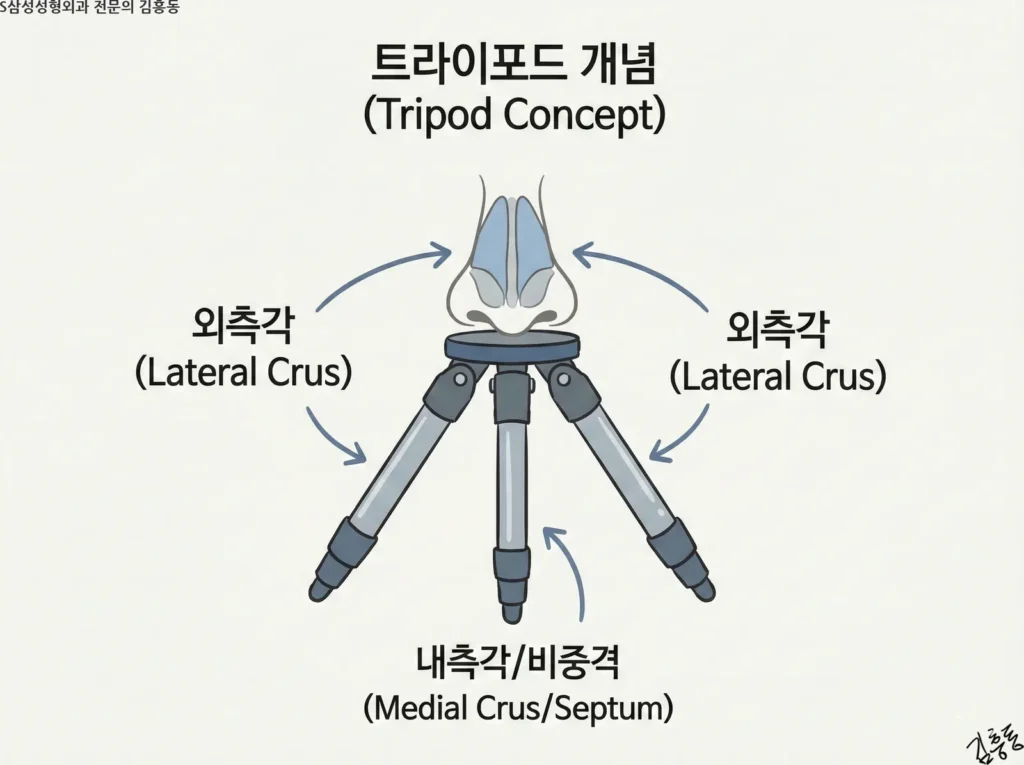 코끝을 지지하는 세 가지 핵심 구조(양쪽 외측각, 중앙 내측각/비중격)를 삼각대(Tripod)의 다리에 비유하여 설명하는 개념도