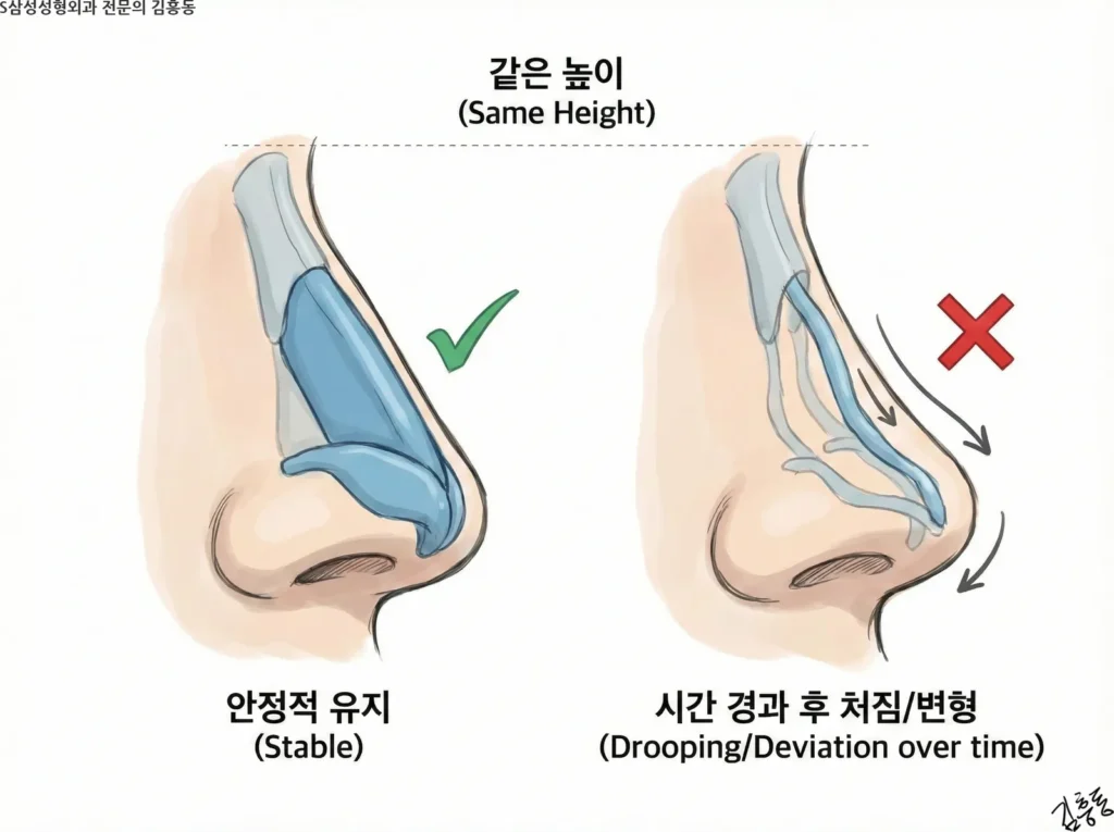 동일한 코높이 성형 후 내부 지지 구조의 강도에 따라 시간이 지났을 때 유지력이 달라지는 모습을 보여주는 인포그래픽