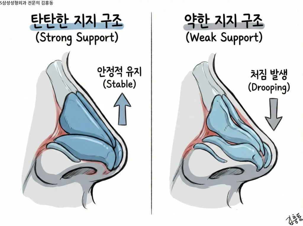 코끝 연골 지지 구조가 강할 때와 약할 때의 코 모양 유지력 차이를 비교한 도식