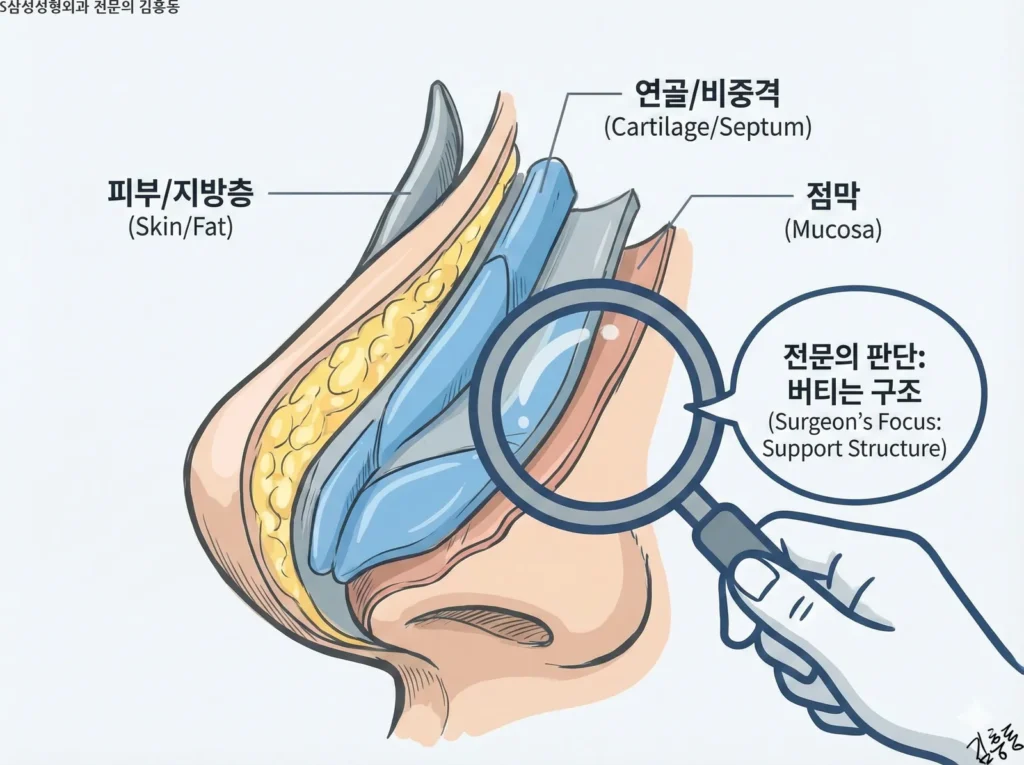 피부, 지방, 연골 등 코의 단면 층을 보여주고, 그중 핵심적인 연골 지지 구조를 돋보기로 확대해 보는 의사의 시각을 표현한 그림