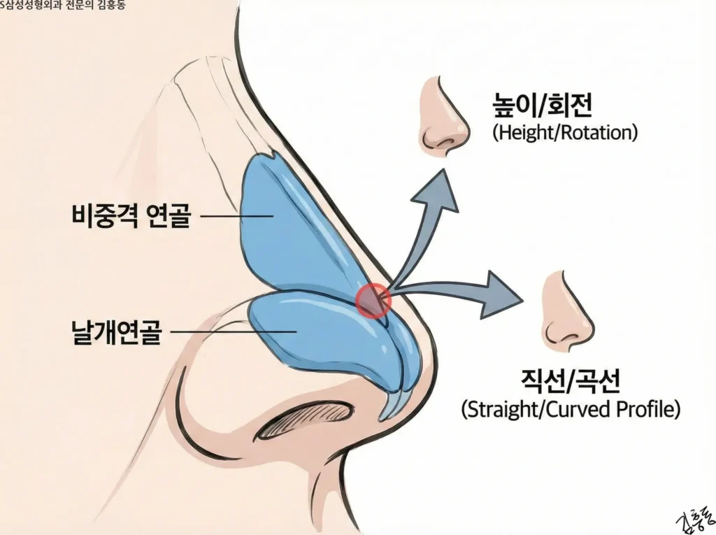비중격 연골과 날개연골이 만나는 지점에서의 결합 방식이 코끝의 높이, 회전, 전체적인 라인을 결정한다는 내용을 화살표로 표현한 해부학 도식