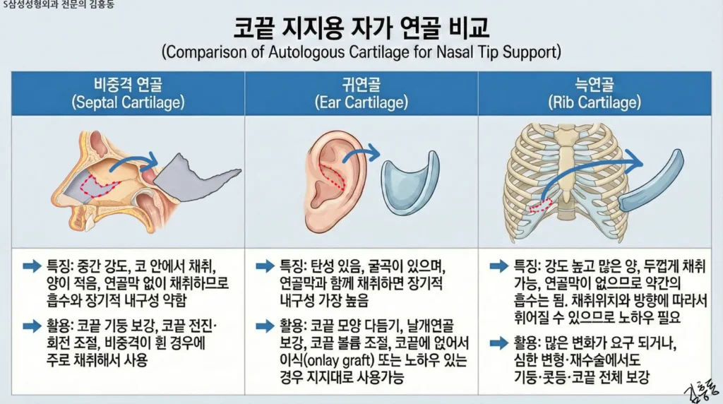 대구코성형에서 코끝 지지용 자가 연골을 비교한 인포그래픽
