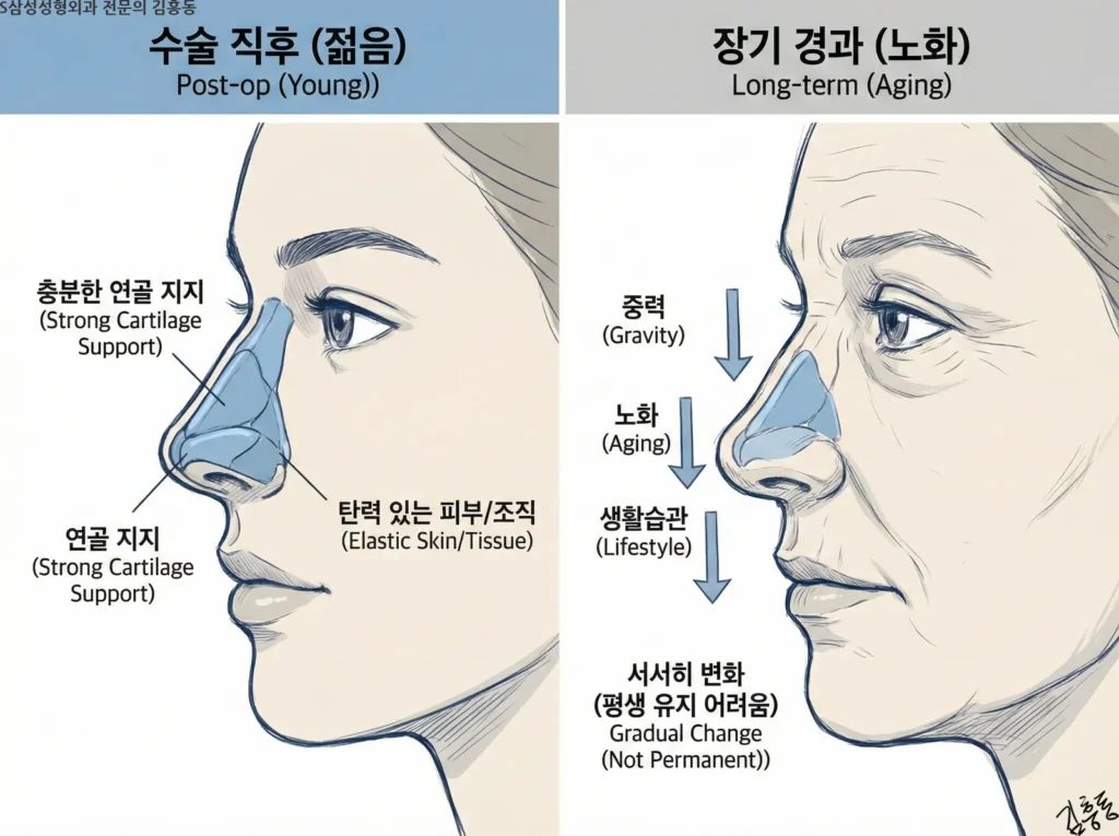 충분한 연골 지지에도 불구하고 노화, 중력, 생활습관으로 인해 코끝 모양이 장기적으로 서서히 변화할 수 있음을 보여주는 비교 인포그래픽