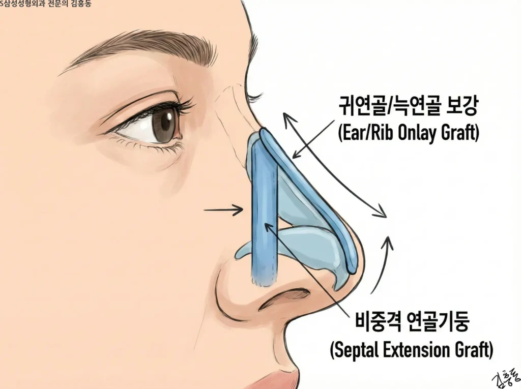 비중격 연골을 기둥으로 사용하여 코끝을 지지하고, 그 위에 귀연골이나 늑연골을 덧대어 모양을 보강하는 수술 모식도