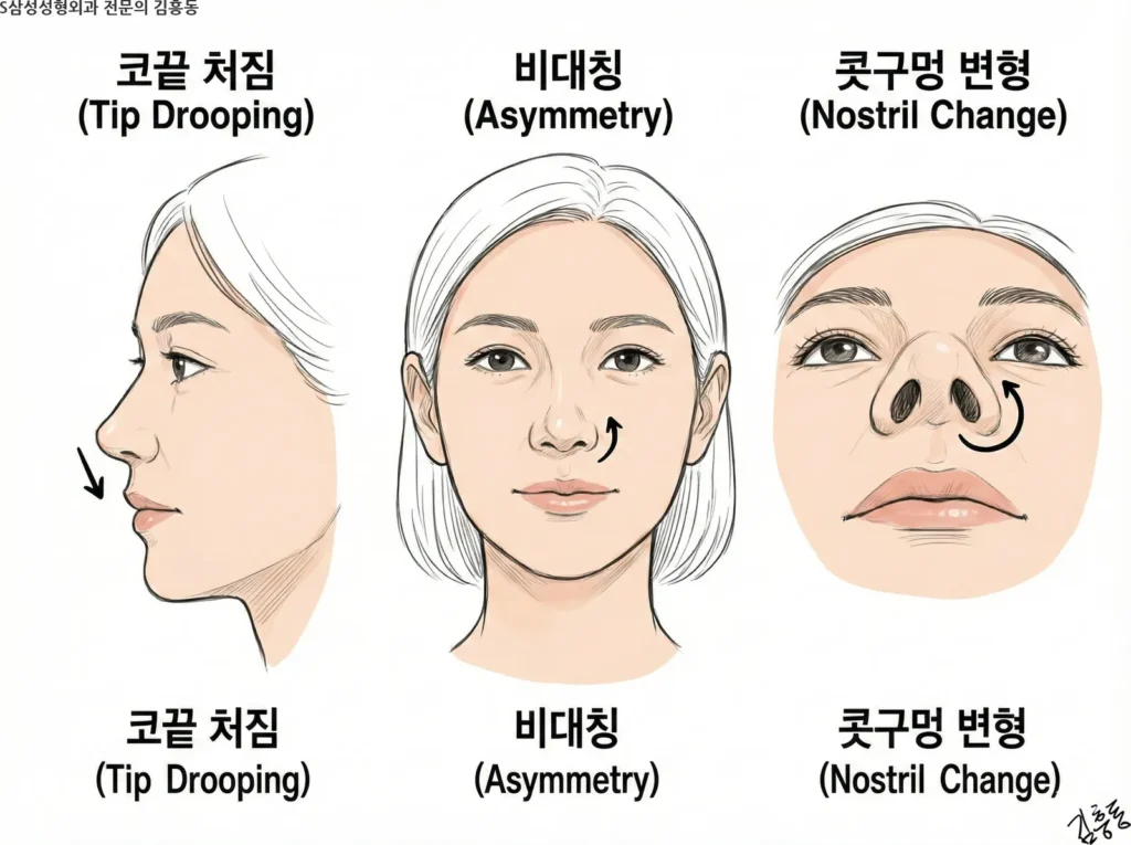 코끝 지지 약화 시 나타나는 코끝 처짐, 비대칭, 콧구멍 변형의 세 가지 주요 변화를 보여주는 인포그래픽 일러스트