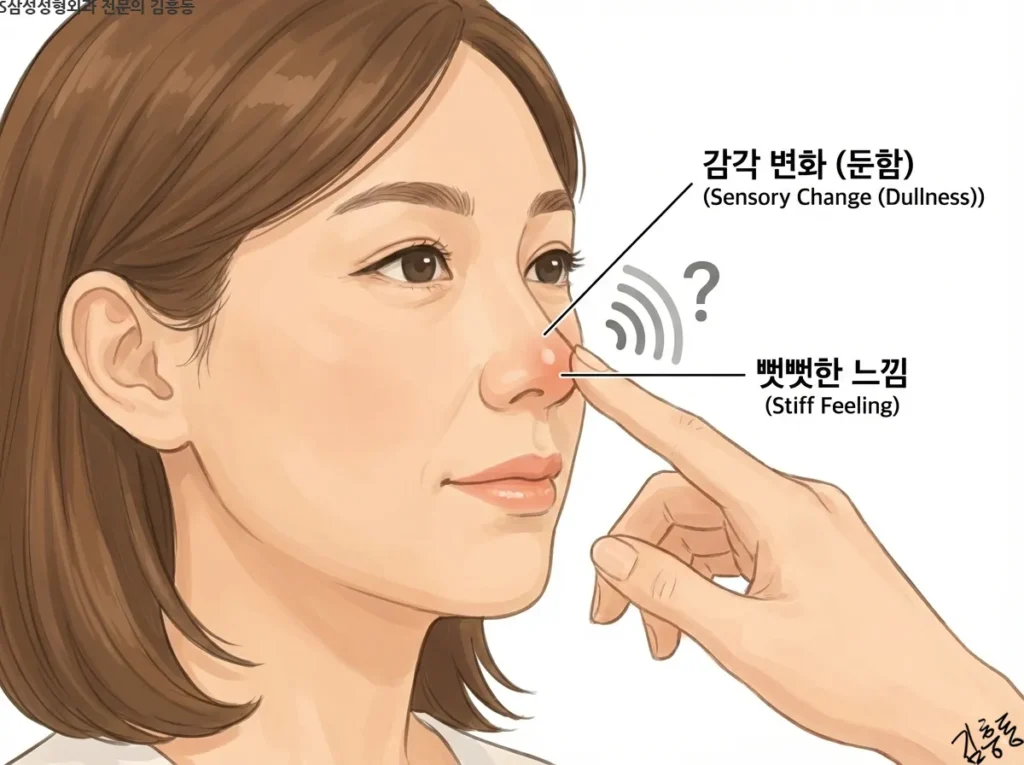 코끝을 손가락으로 만졌을 때 느껴지는 뻣뻣함과 감각이 둔해지는 증상을 물음표와 파동 아이콘으로 표현한 부작용 관련 일러스트
