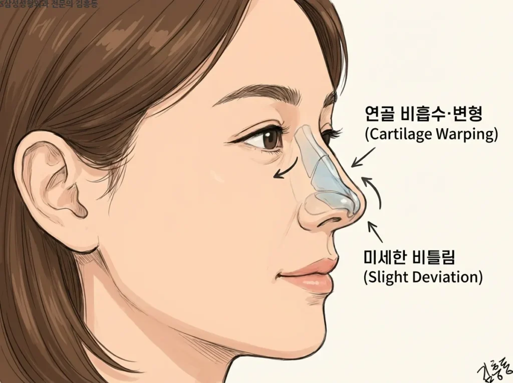 코성형 후 시간이 지나면서 삽입된 연골이 미세하게 휘어지거나 비틀어지는 부작용 가능성을 투시도와 화살표로 보여주는 의학 일러스트
