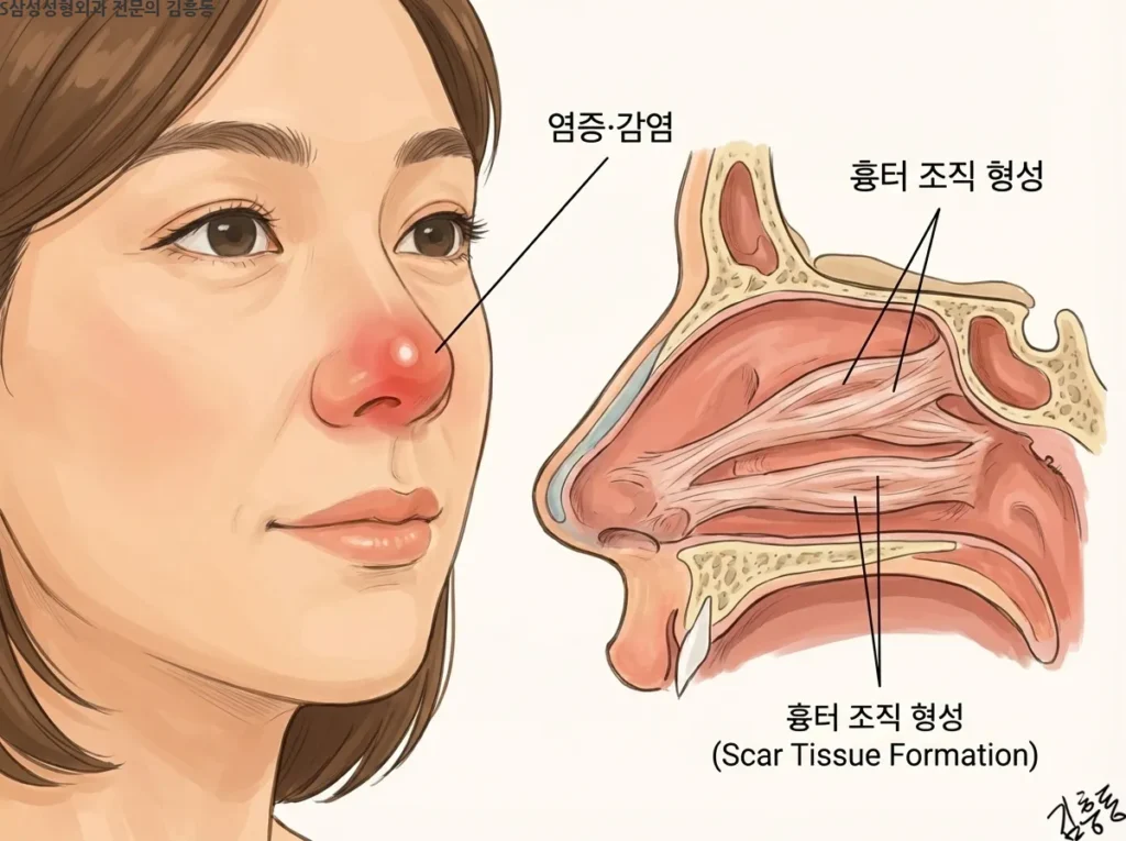코끝의 염증 반응(붉어짐, 부기)과 코 내부 단면에 형성된 흉터 조직(섬유성 밴드)을 함께 보여주는 부작용 관련 의학 도식