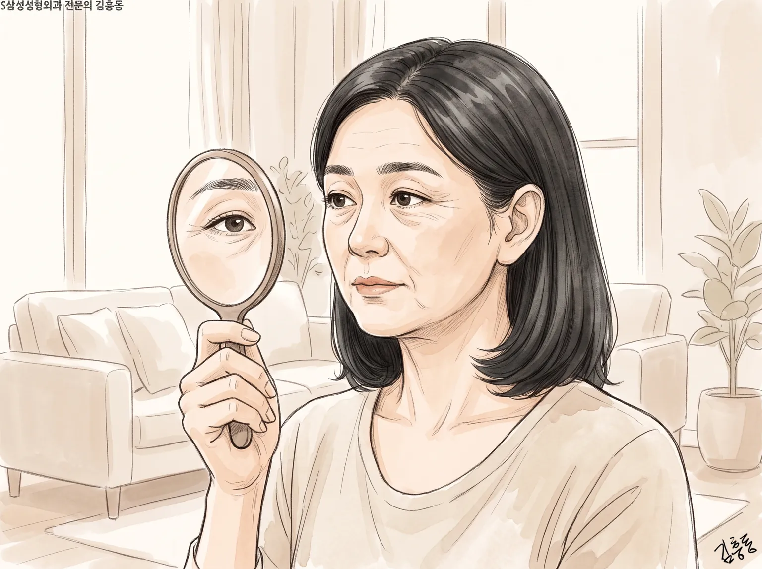 거실에서 손거울을 들고 눈과 눈썹 언저리를 비춰 보는 검은 머리 여성의 모습
