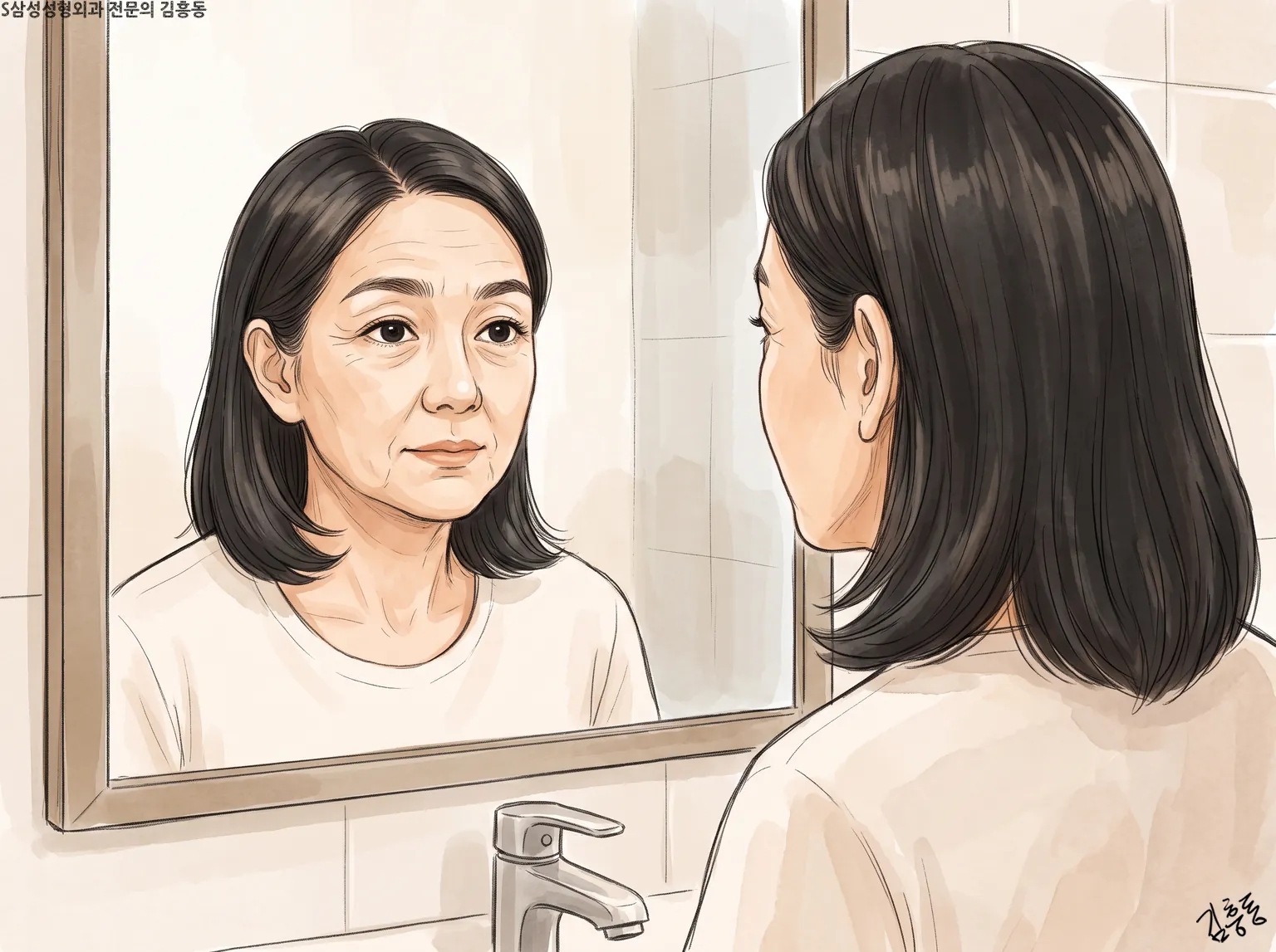 세면대 거울 앞에 서서 거울 속 자기 얼굴을 바라보는 검은 머리 여성의 모습