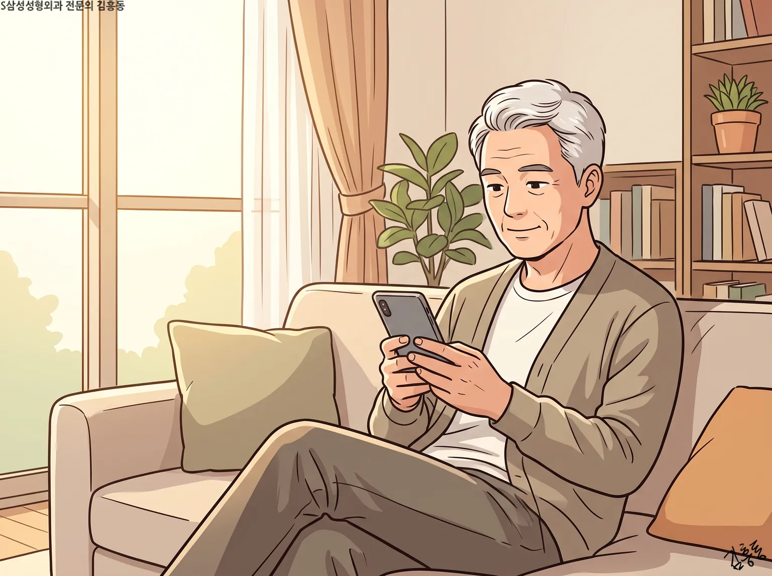 거실 소파에 앉아 휴대전화를 들여다보는 흰머리 남성의 모습