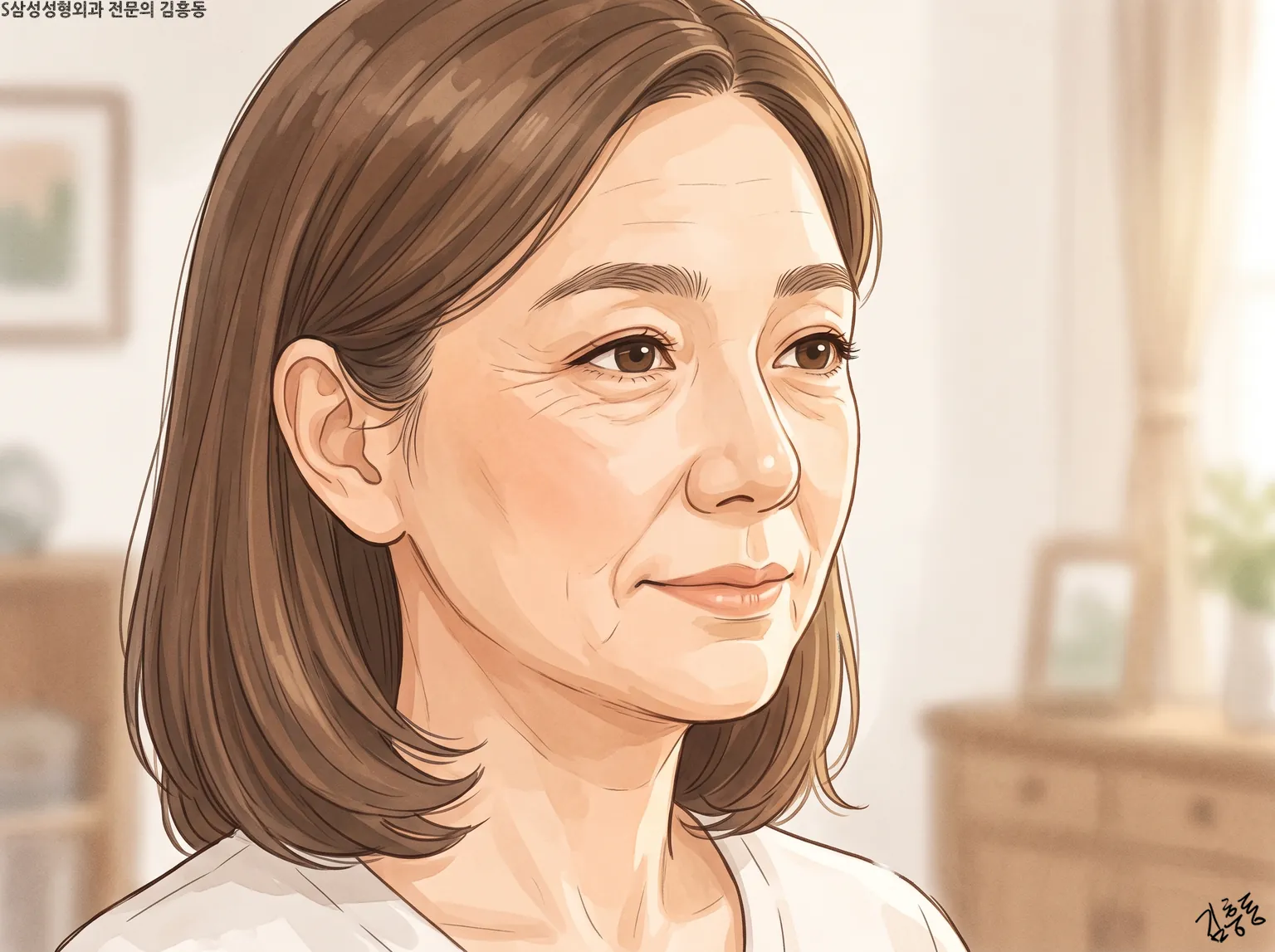 갈색 단발머리 여성이 실내에서 비스듬히 옆을 바라보는 얼굴 그림