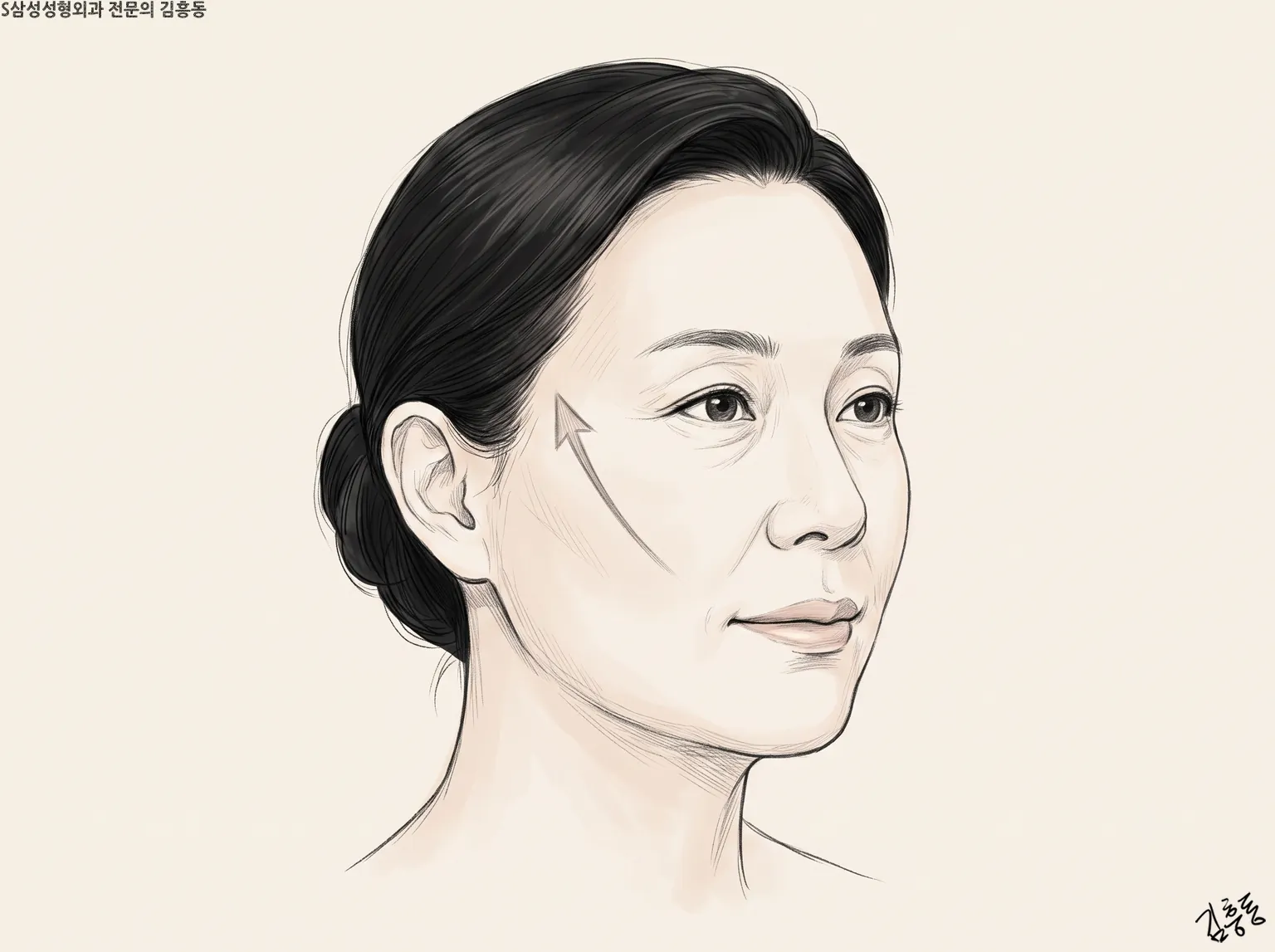 볼에서 관자놀이 쪽으로 비스듬히 올라가는 화살표가 그려진 여성 얼굴 그림